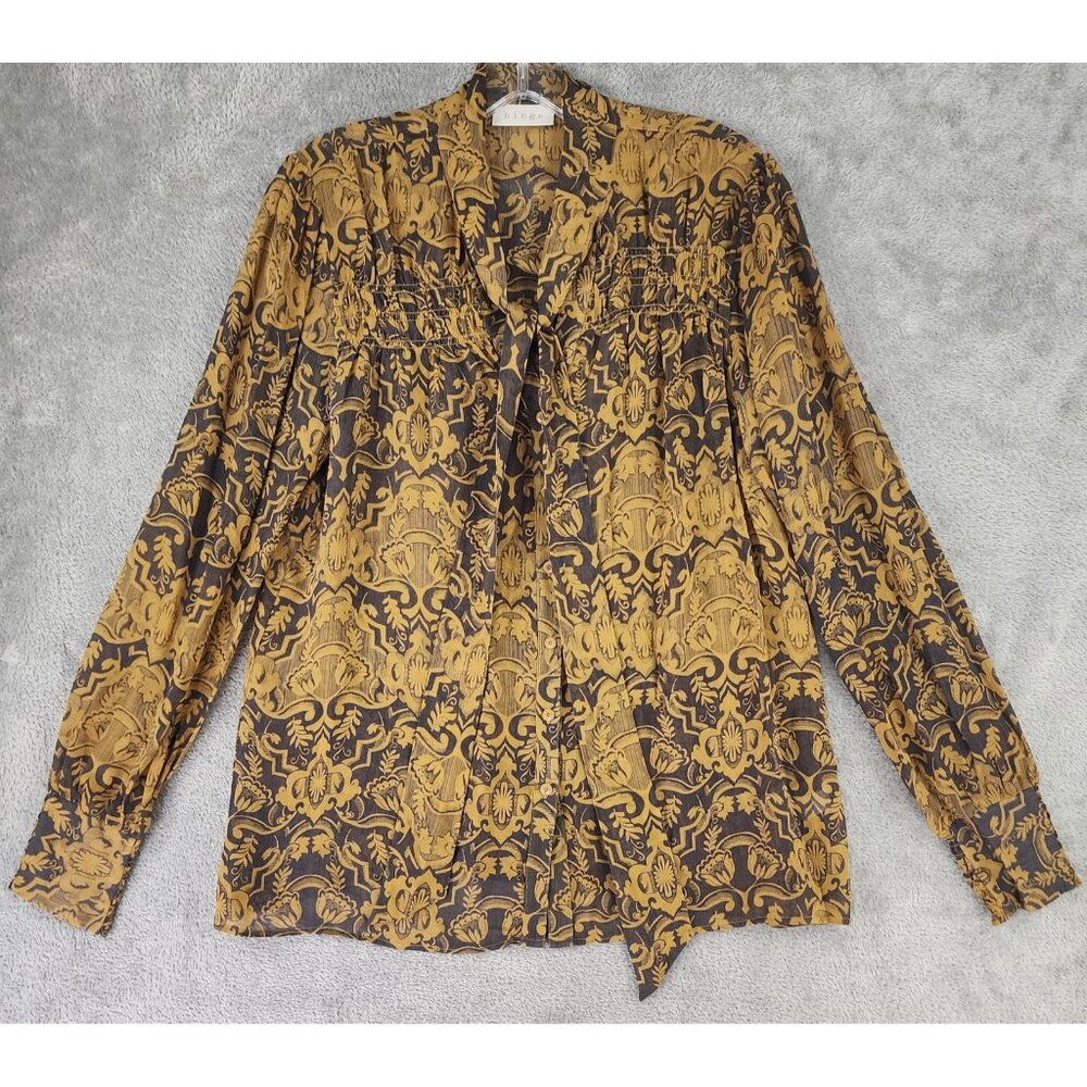 Hinge Blouse Womens Small Yellow Black Silk Long Sleeve Boho Floral Smocked Top